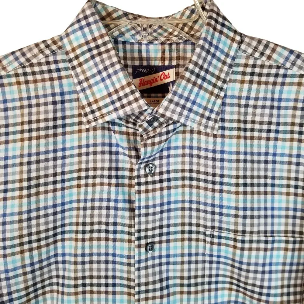 Johnnie O Hangin Out Shirt Mens Large Blue Gray Plaid Surf Button Up Long Sleeve - Picture 7 of 11